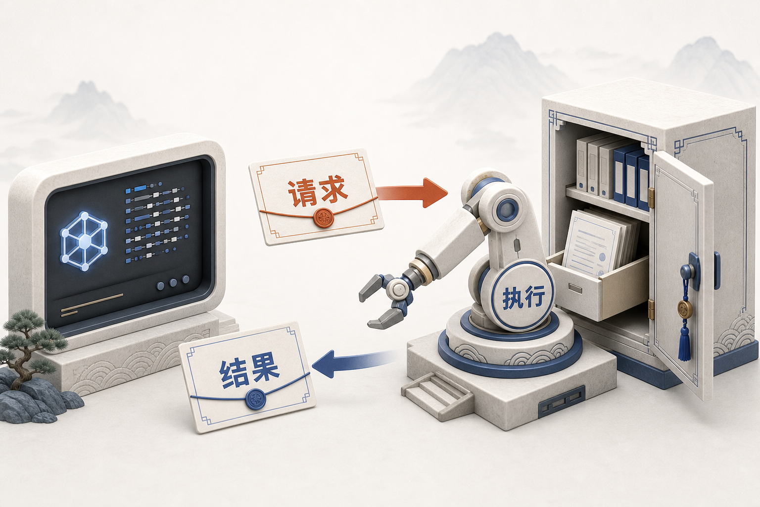 AIOps 概念图：模型发请求，客户端执行